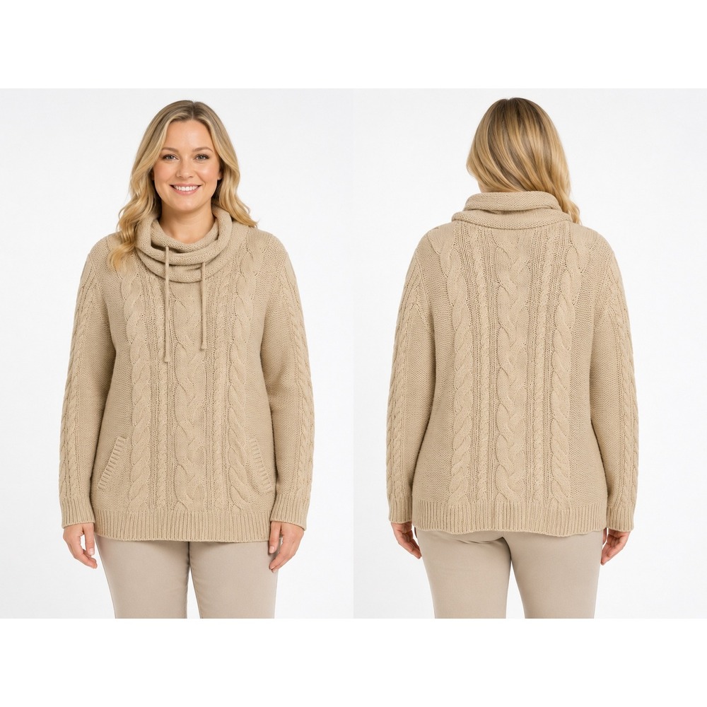 LL Bean Cable Knit Sweater XL Beige Cowl Neck Cabin Gorpcore Preppy Classy Cozy